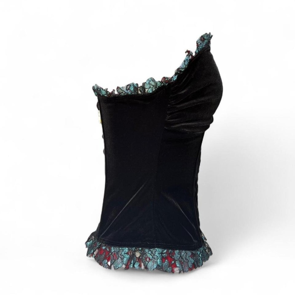 Vintage Y2K Torrid Black Velvet Corset Top Blue & Black Lace Ruffle Trim - Picture 4 of 7